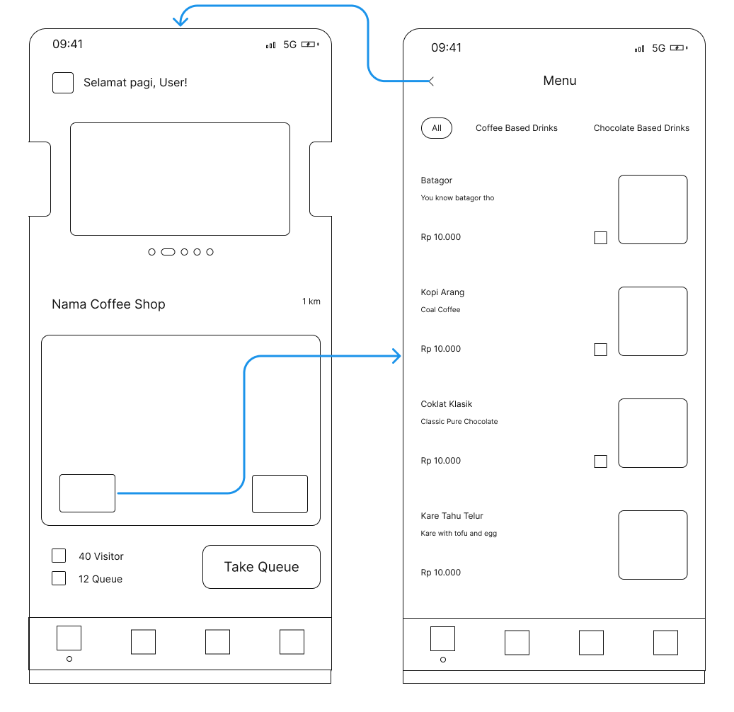 Menu wireframe flow